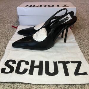 Schutz Leona Glam Black Leather Pointed Toe Slingback Crystal Buckle Heels Sz 8B